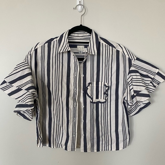 A new day ruffled sleeves button down boxy blouse - Picture 1 of 8